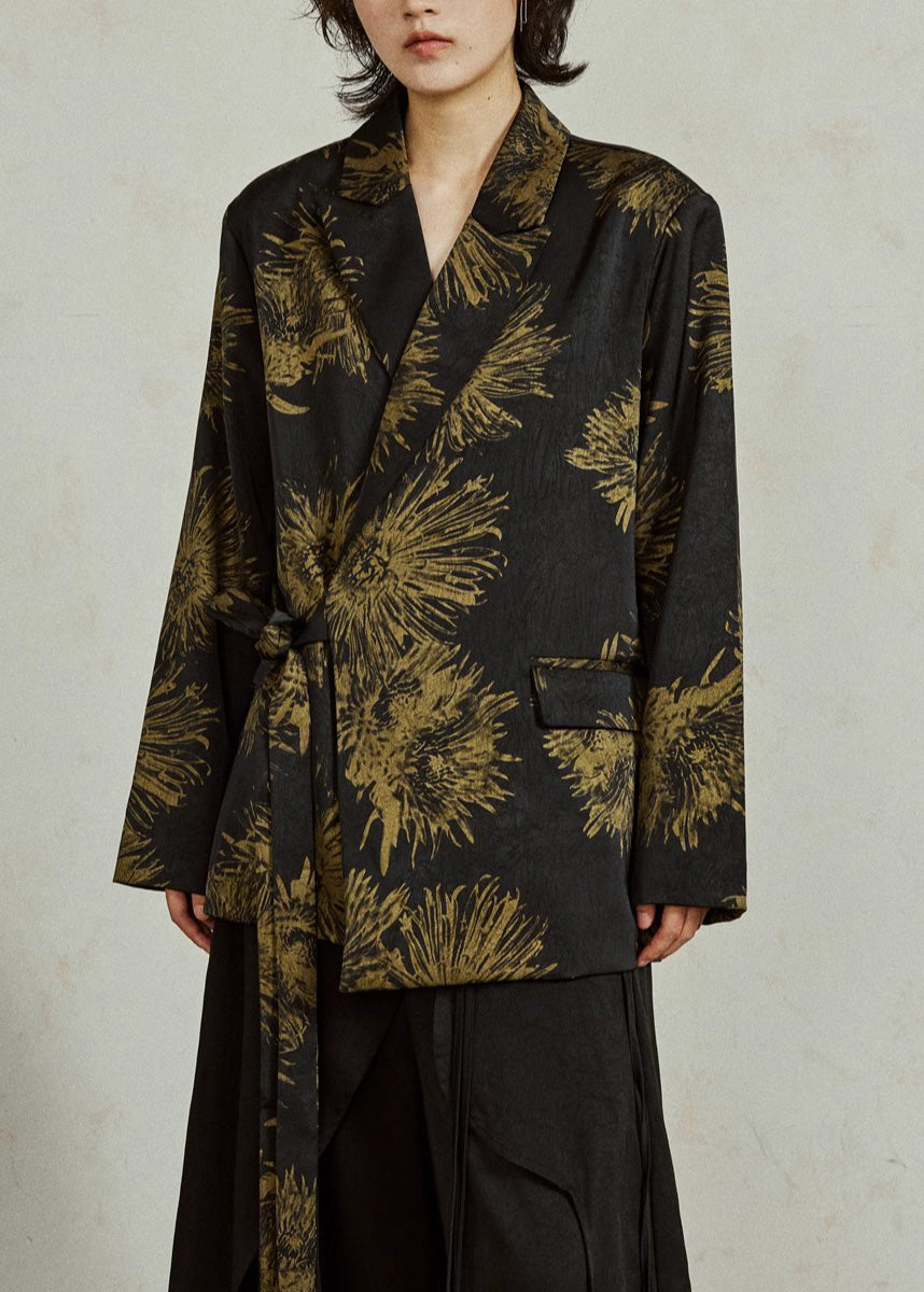 Chinese Style Black Notched Print Tie Waist Coats Fall