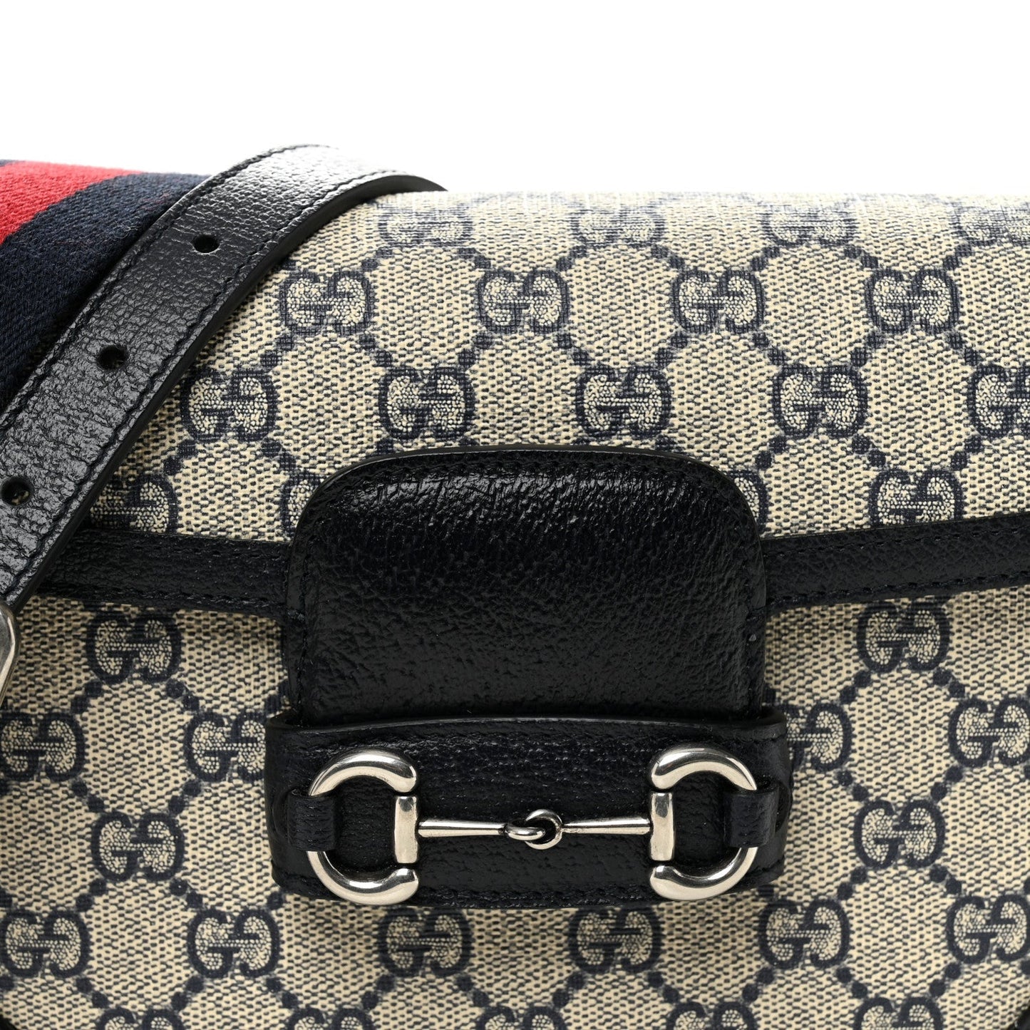 GG Supreme Monogram Textured Dollar Calfskin Web Mini Horsebit 1955 Shoulder Bag Beige Blue