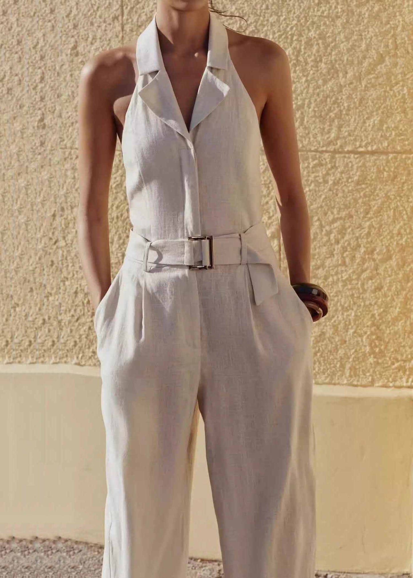 Elegant Beige Halter Pockets Cotton Jumpsuit Sleeveless