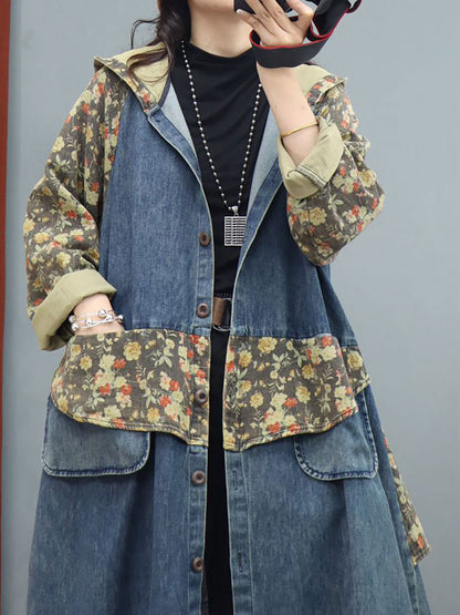 Women Denim Patchwork Print  Hooded Long Coat