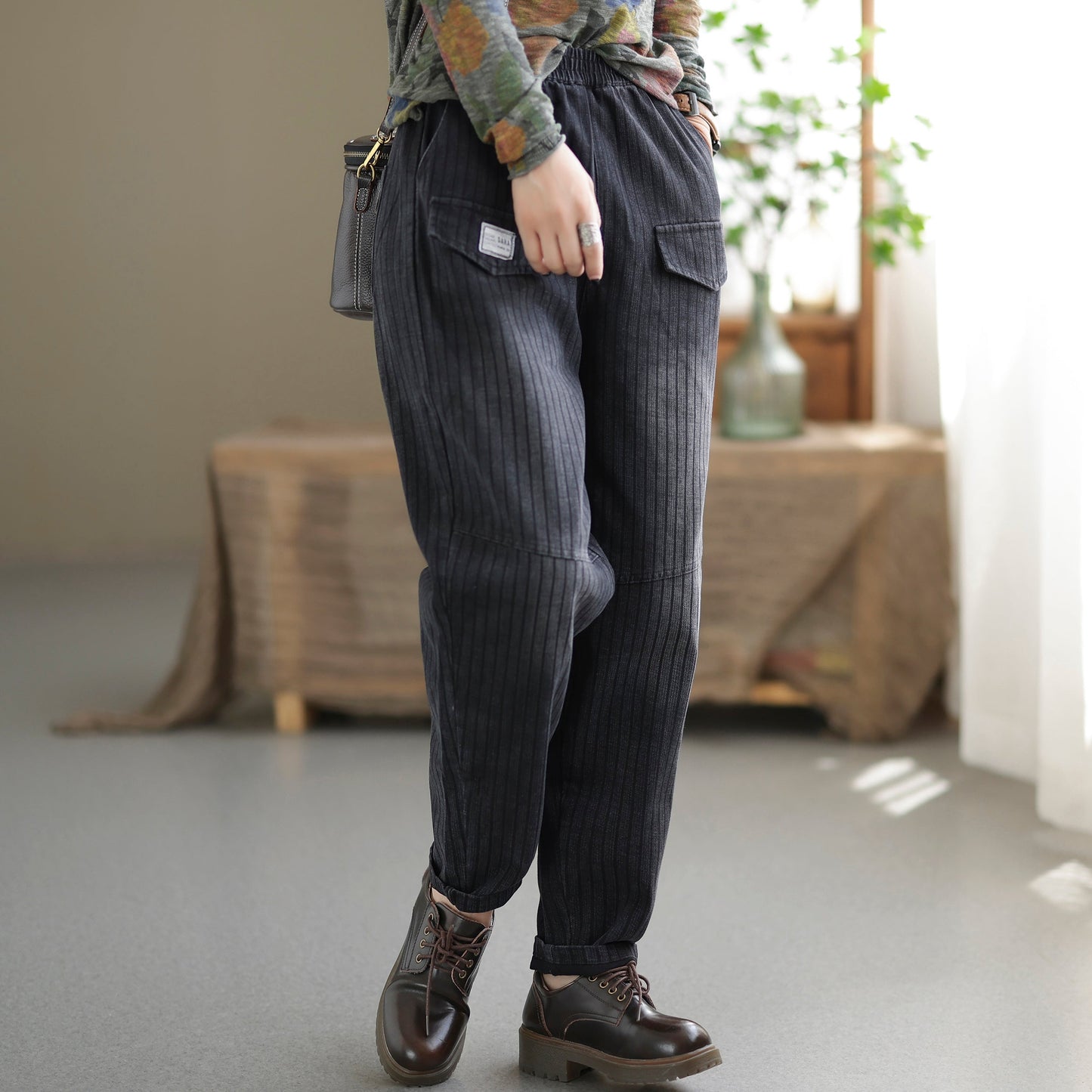 Women Summer Autumn Retro Stripe Cotton Jeans