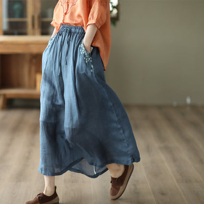 Cozy Vintage Floral Embroidery Thin Linen Skirt