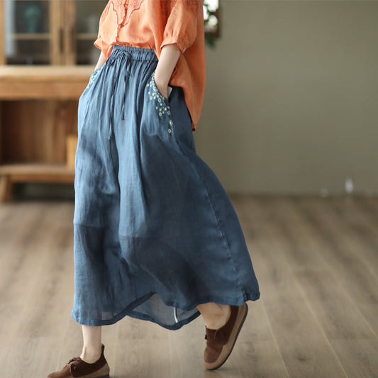 Cozy Vintage Floral Embroidery Thin Linen Skirt