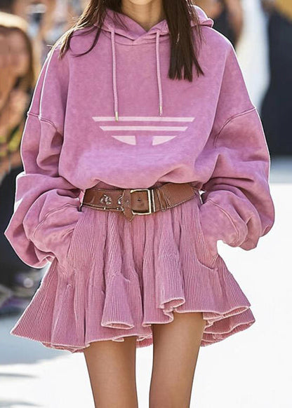 New Pink Hooded Sweatshirt And Skirts Cotton Two Pieces Set Spring