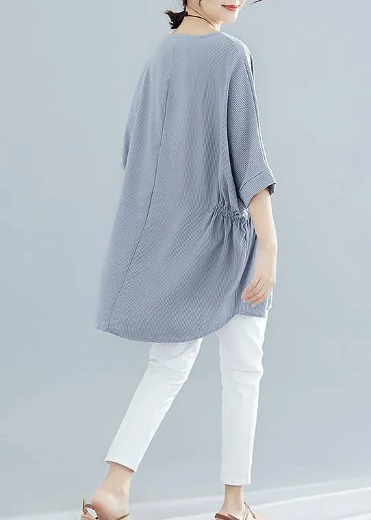 Beautiful gray striped cotton clothes For Women Batwing Sleeve loose summer blouse