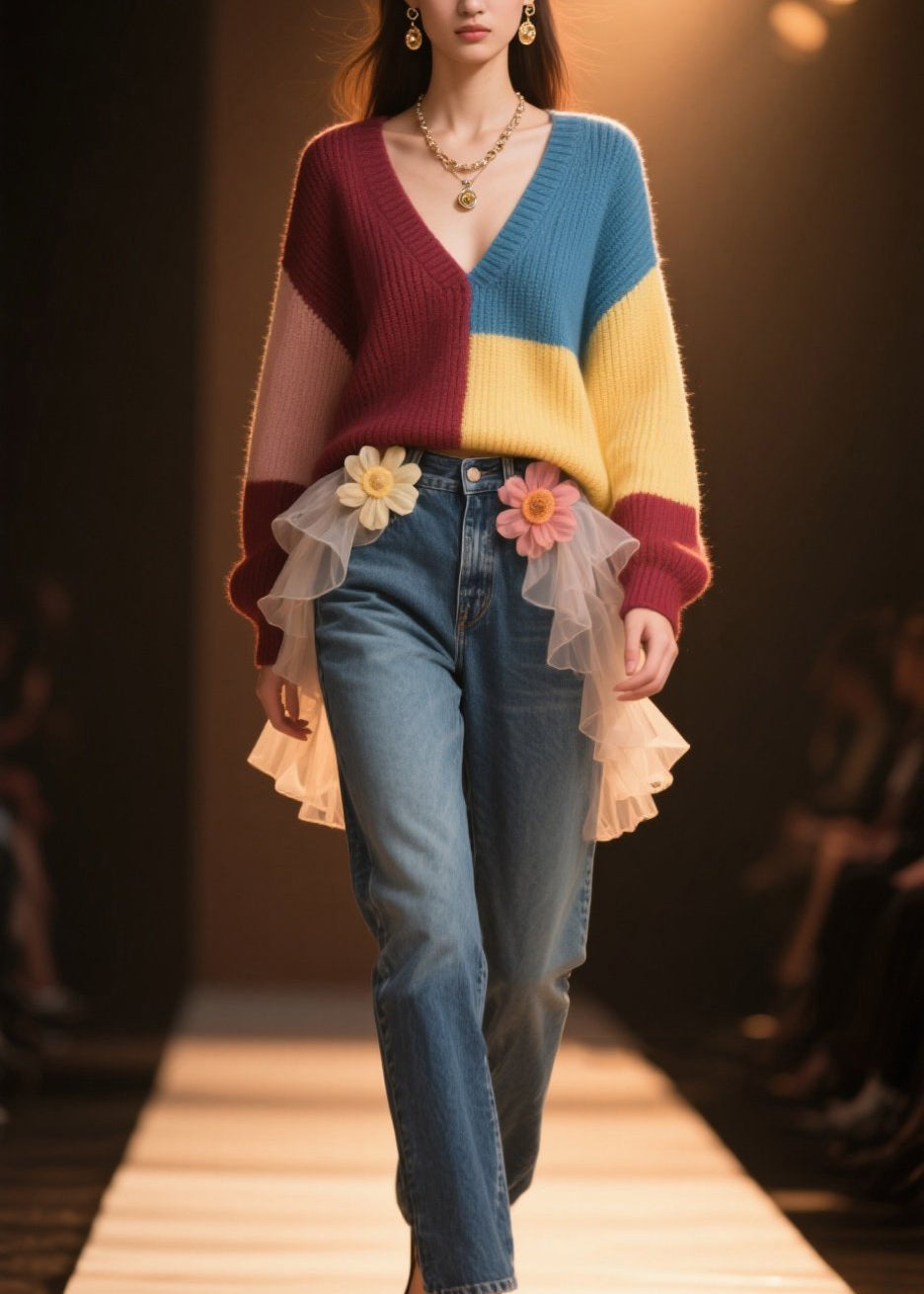 Casual Colorblock V Neck Loose Knit Sweater Fall