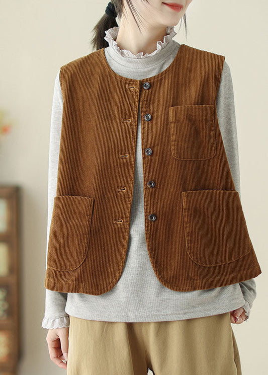 Vintage Caramel O Neck Pockets Corduroy Vest Sleeveless