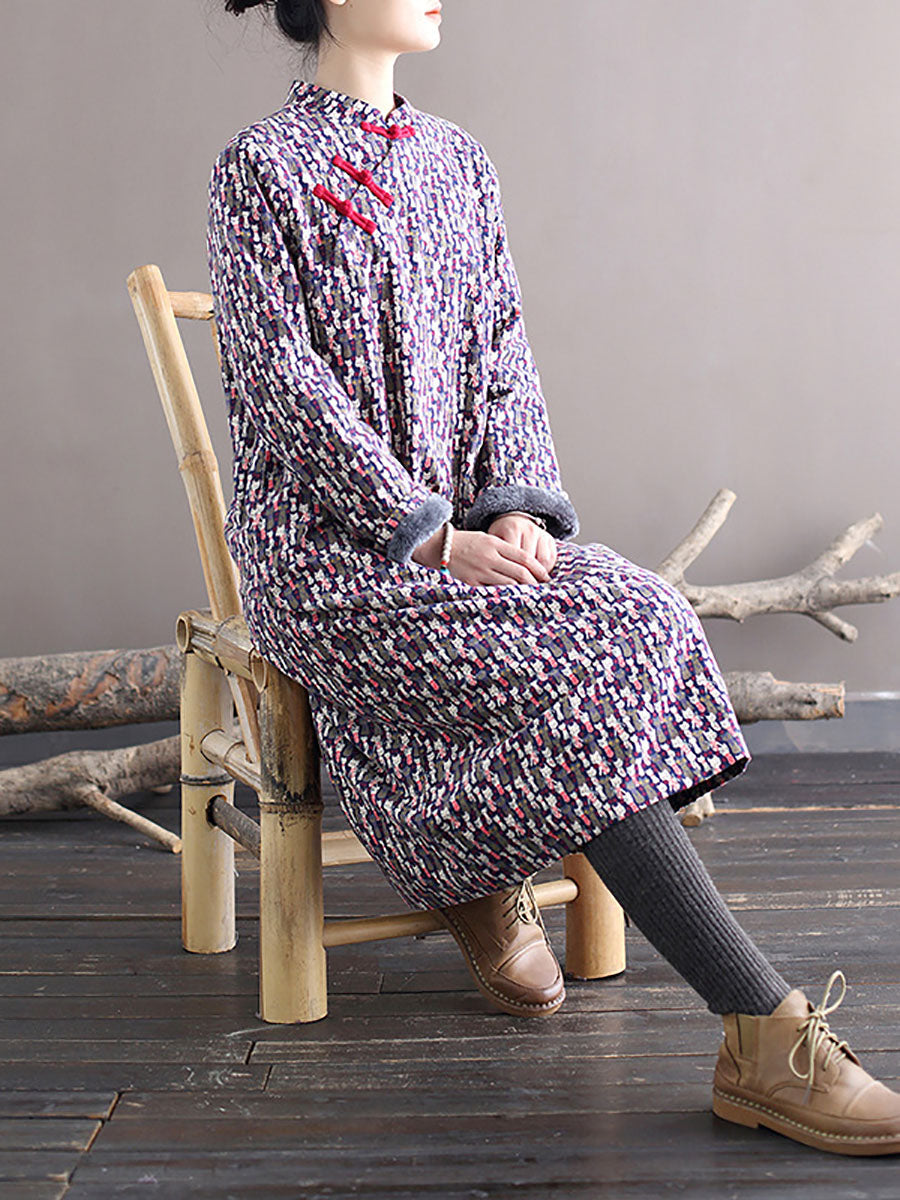 Women Winter Chinese Floral Print Frog Thick Long Dress