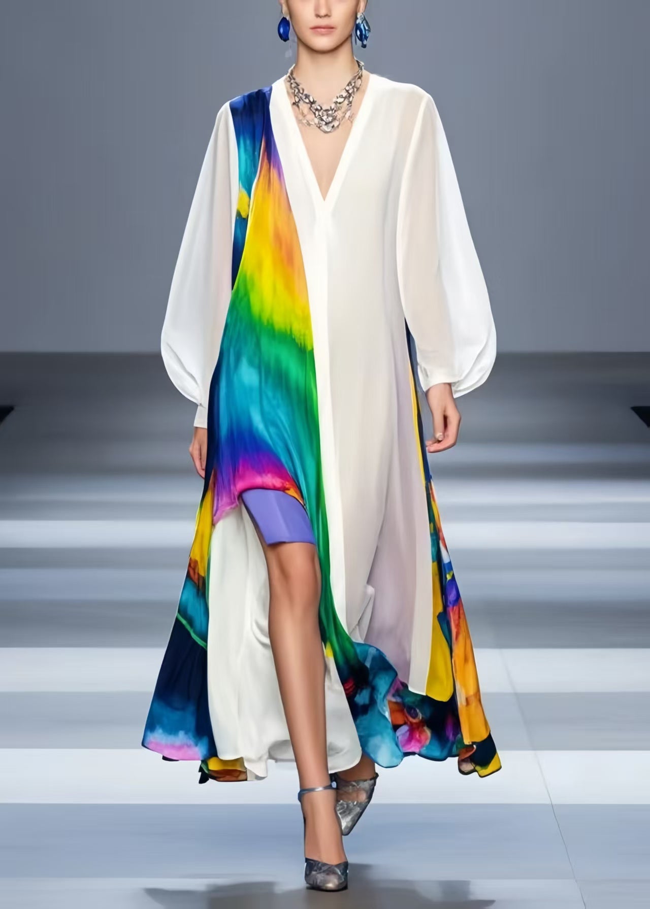 Chic White Oversized Patchwork Chiffon Beach Dress Spring