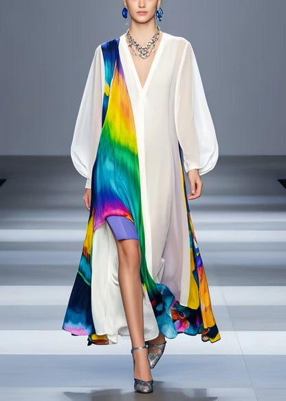 Chic White Oversized Patchwork Chiffon Beach Dress Spring