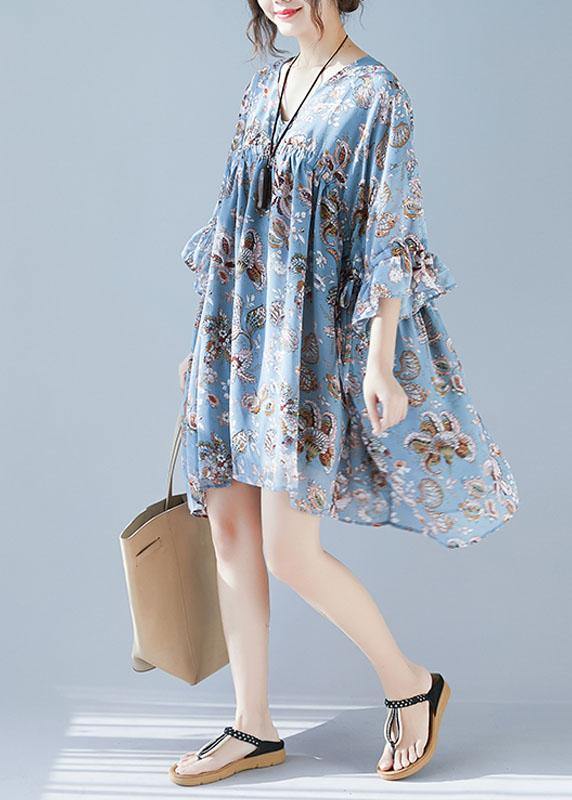 Plus Size Blue V Neck Loose Print Summer Chiffon Long Dresses Half Sleeve