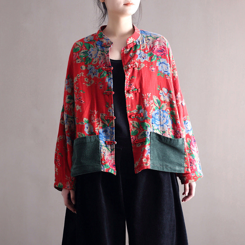 Vintage Blouse Stand Collar Large Flower Long-Sleeved Jacket
