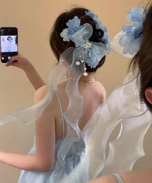 Cute Blue Tulle Bow Pearl Floral Ribbon Hairpin