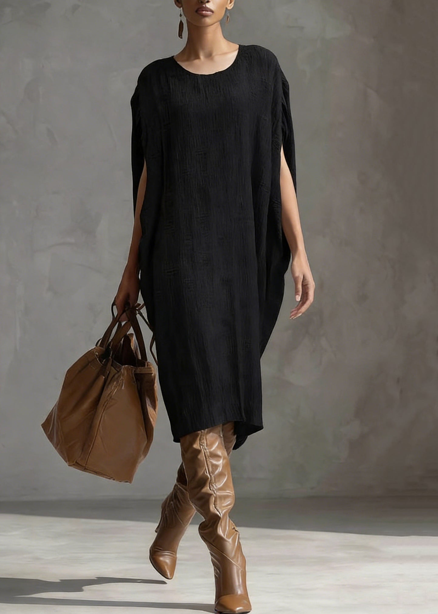 Vintage Coffee O Neck Oversized Silk Cotton Dress Batwing Sleeve