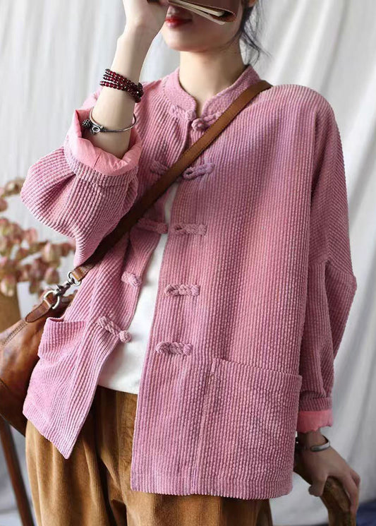Plus Size Vintage Pink Stand Collar Pockets Corduroy Jackets Spring