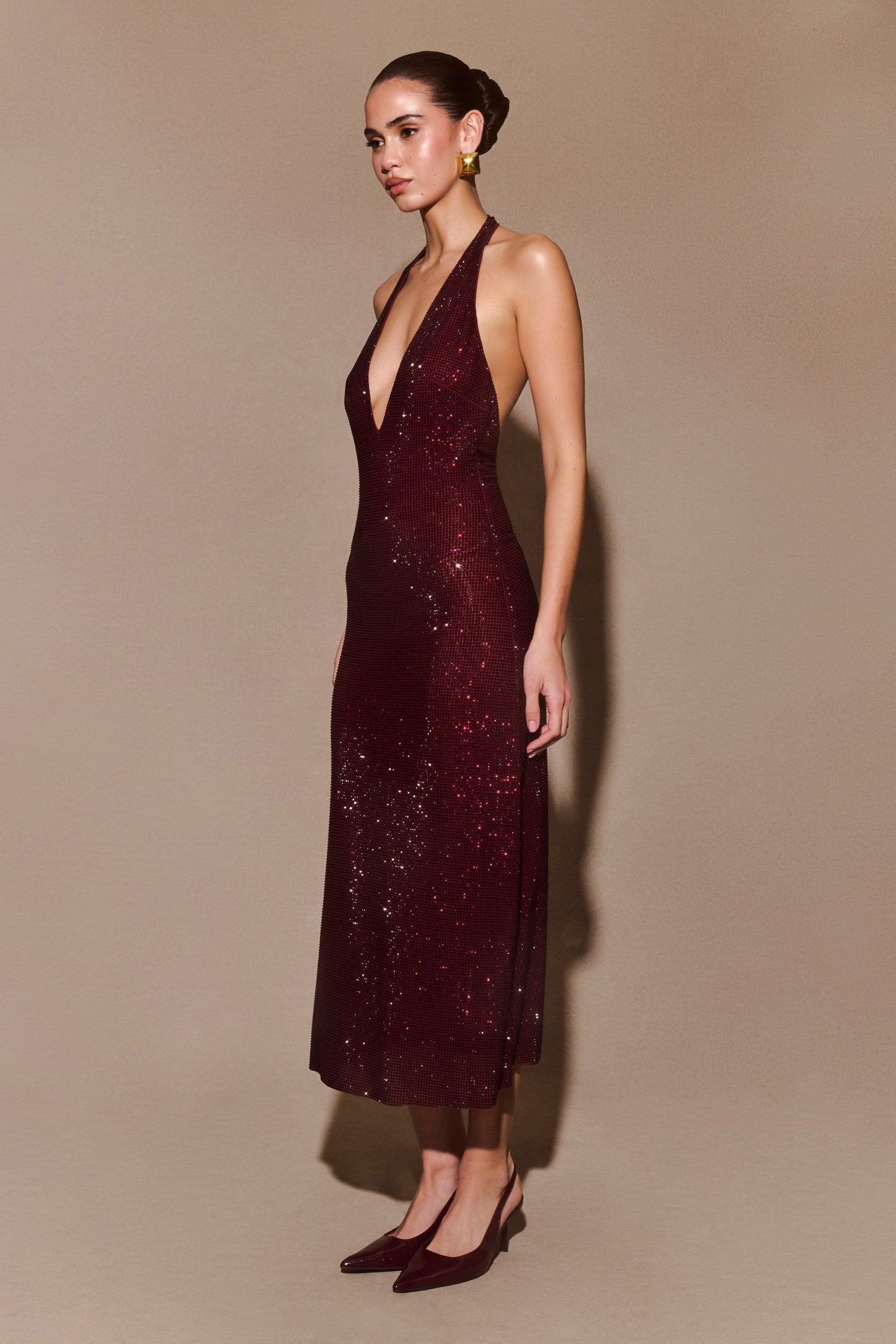 Sexy Halter Deep V-neck Backless Rhinestone Dress