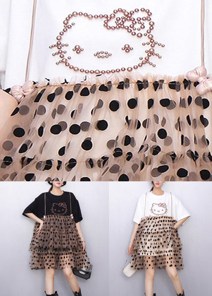 Black Cool Hello Kitty Polka Tulle Patchwork Summer Mid Dress Ruffled
