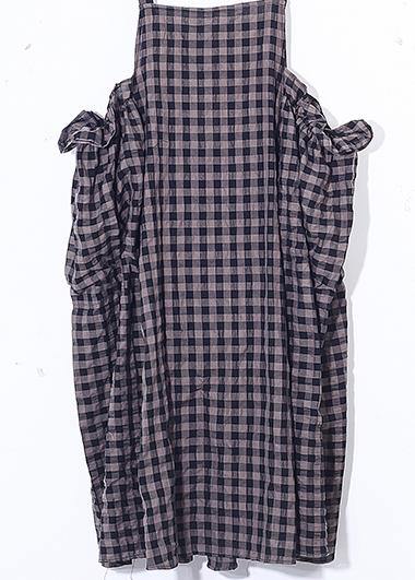 French gray Plaid cotton Long Shirts Omychic design Spaghetti Traveling Summer Dresses