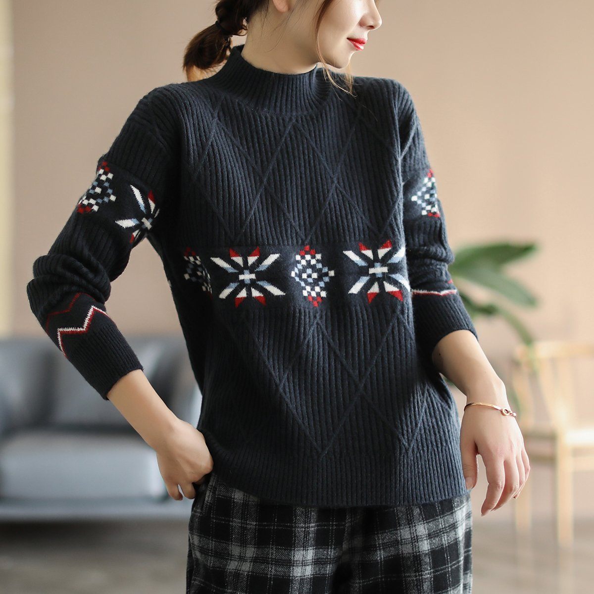 Winter Vintage Half Turtleneck Loose Casual Knitted Sweater