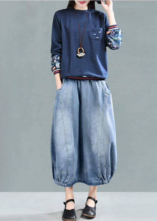 Fashion Light Blue Elastic Waist Pockets Cotton Denim Skirt Cozy