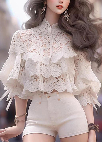 Stylish White Hollow Out Shirts And Shorts Cotton Two Piece Set Half Sleeve