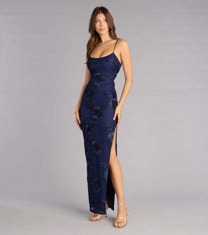 Leona Floral Mesh High Slit Column Dress