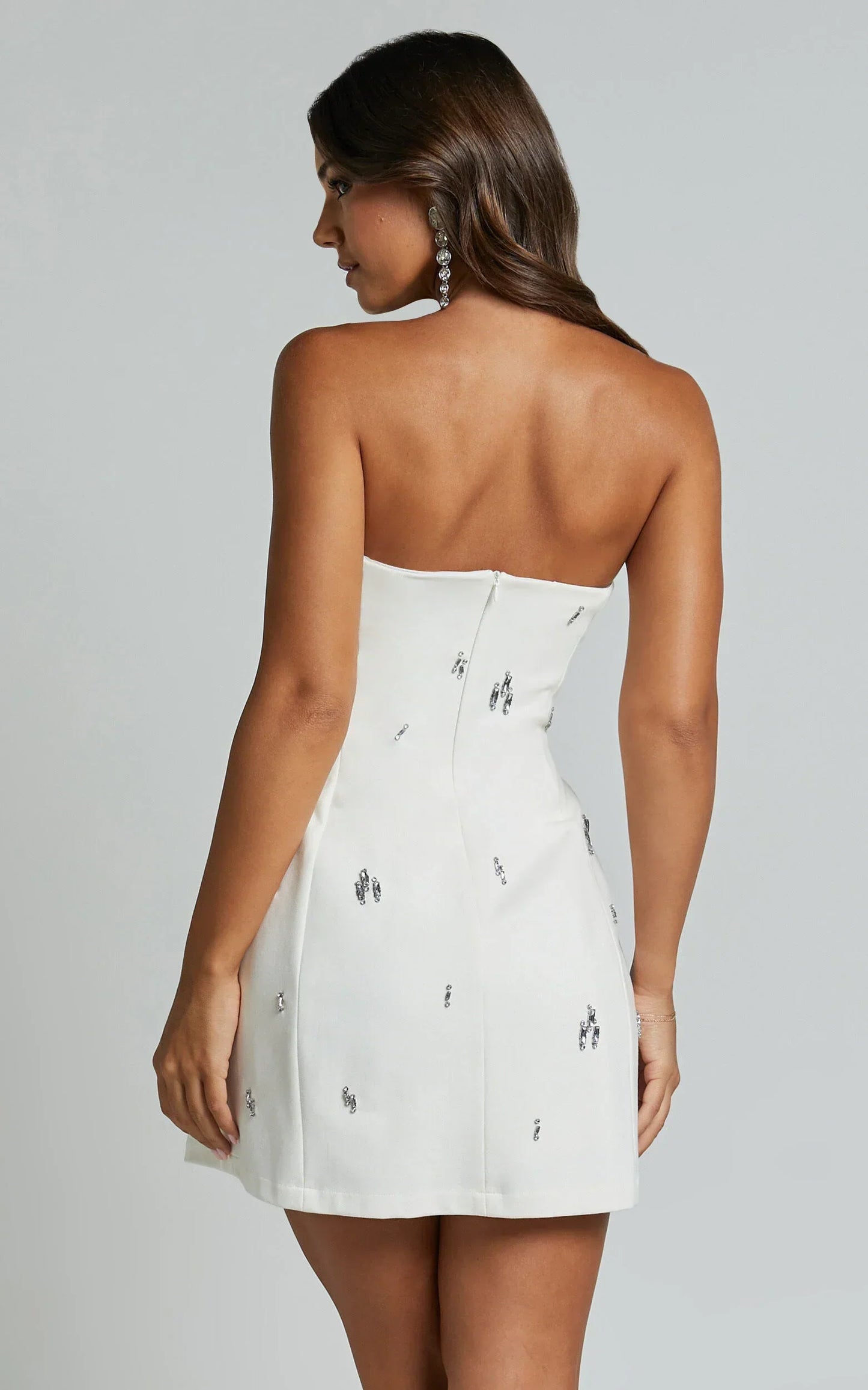 Anziel Mini Dress - Strapless Structured Cluster Embellishment Dress In White