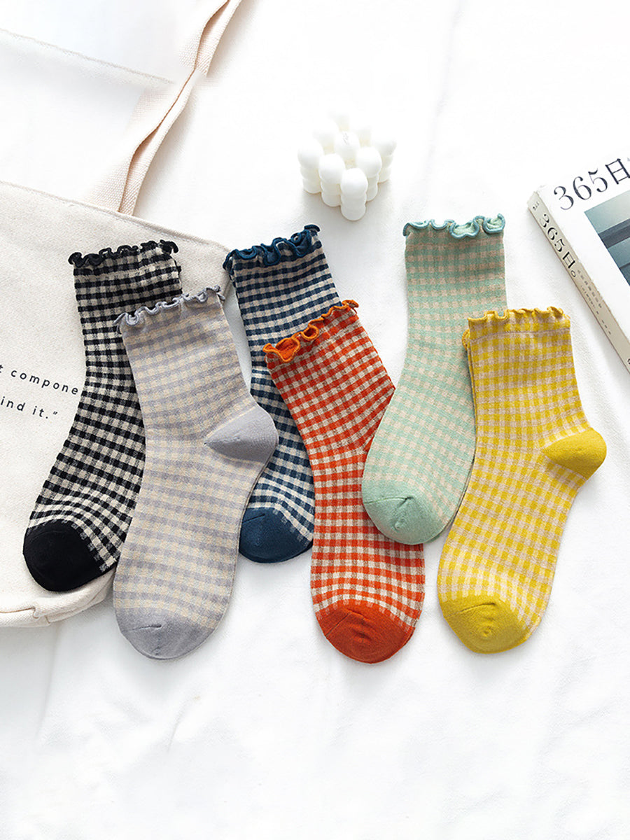 6 Pairs Plaid Women Retro Fashion Autumn Socks