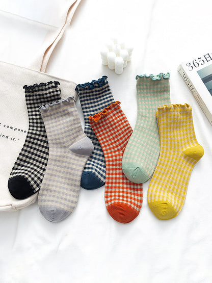 6 Pairs Plaid Women Retro Fashion Autumn Socks