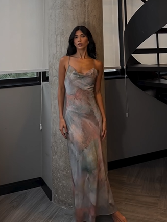 Tie-Dye Print Cowl Neck Open Back Cami Maxi Dress | Elegant Bodycon Evening Gown