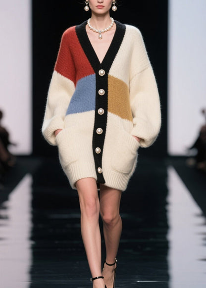 Women Colorblock V Neck Button Patchwork Knit Cardigan Fall
