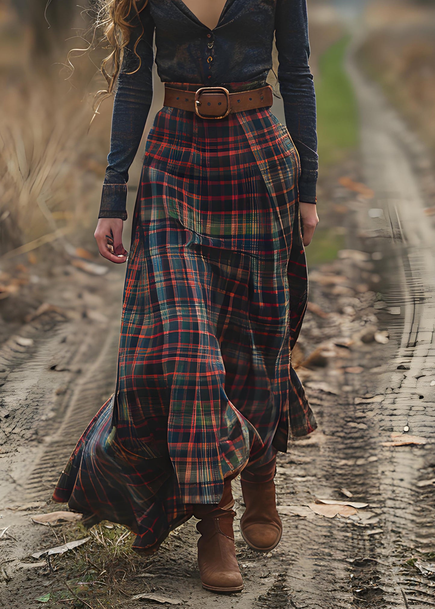 Casual V Neck Plaid Patchwork Cotton Long Dress Spring