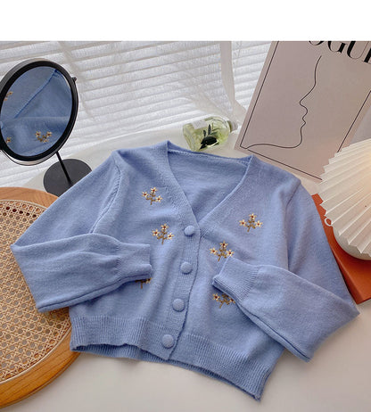 Floral embroidery V-neck short long sleeve jacket  5849