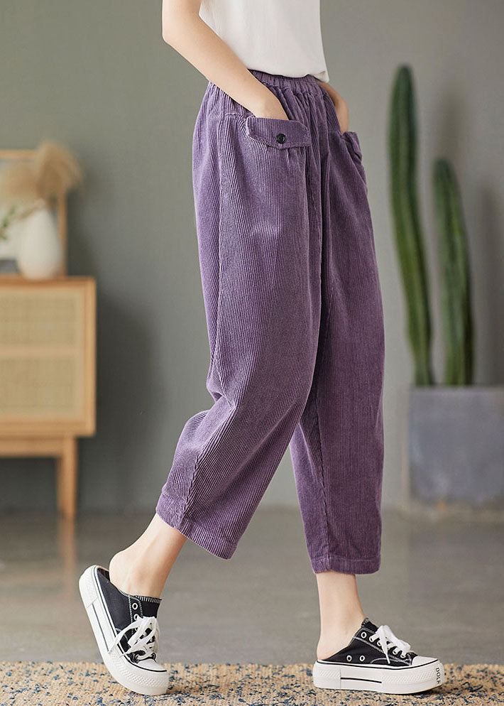 Plus Size Purple elastic waist Pockets Corduroy Pants