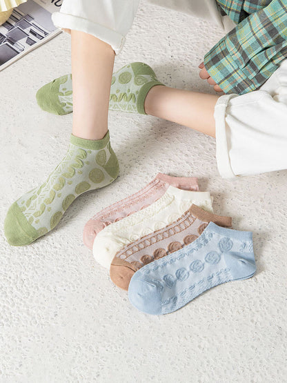 5 Pairs Women Pure Cotton Floral Vintage Boat Socks