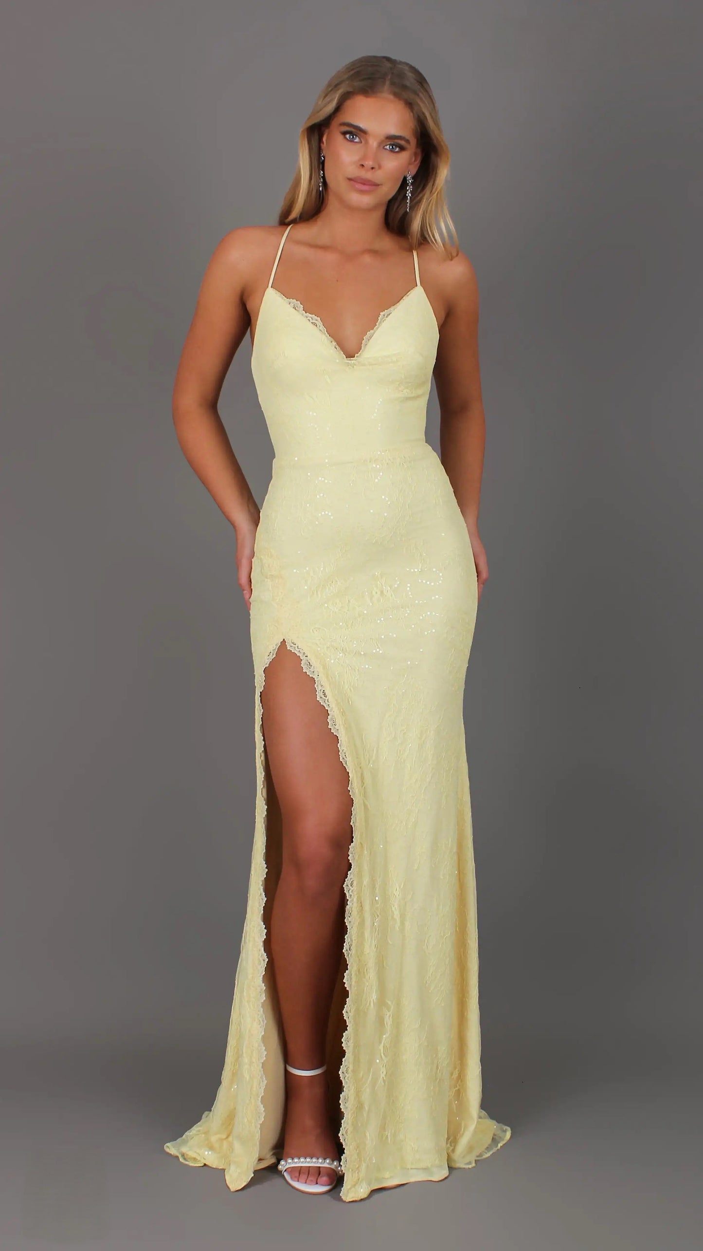 Fleur - Yellow Formal Dress, Lace V neckline lace up backless, fitted high leg slit
