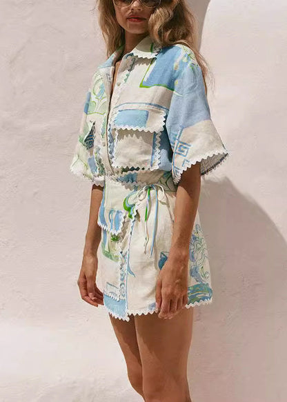 Boho Peter Pan Collar Print Lace Up Cotton Two Piece Set Summer