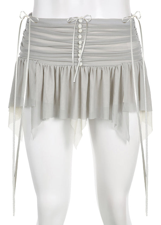 Simple Grey Tasseled Wrinkled Patchwork Tulle Skirt Summer
