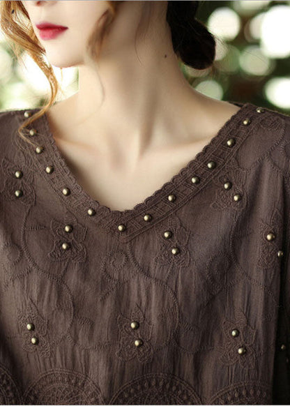 Plus Size Coffee Casual Embroideried Hollow Out Fall Long sleeve Shirt Tops