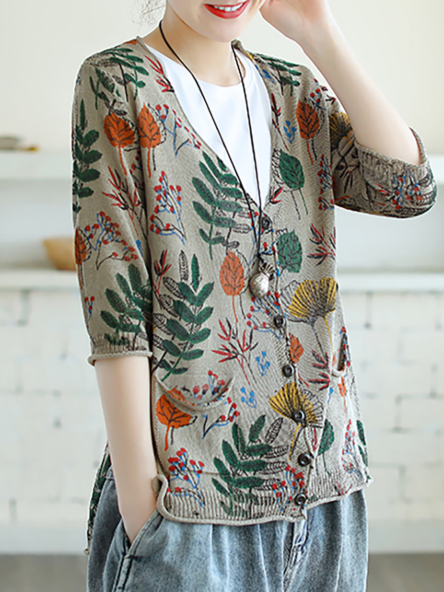 Plus Size - Leaf Printed Half Sleeve Women Knitted Shirt