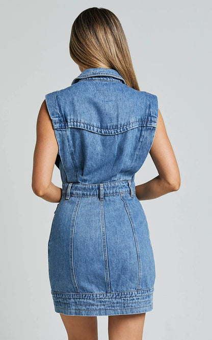 Jasse Mini Dress - Hardware Button Through Denim Dress In Mid Blue Wash