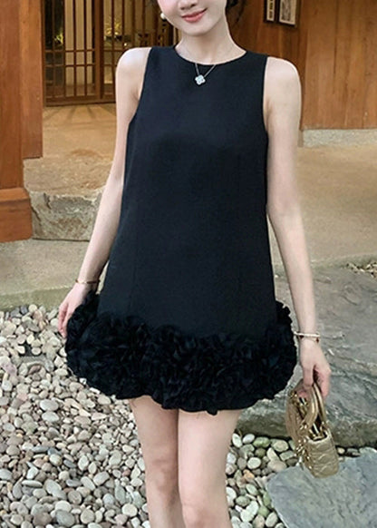Black Original Design Solid Cotton Mini Dresses O Neck Summer