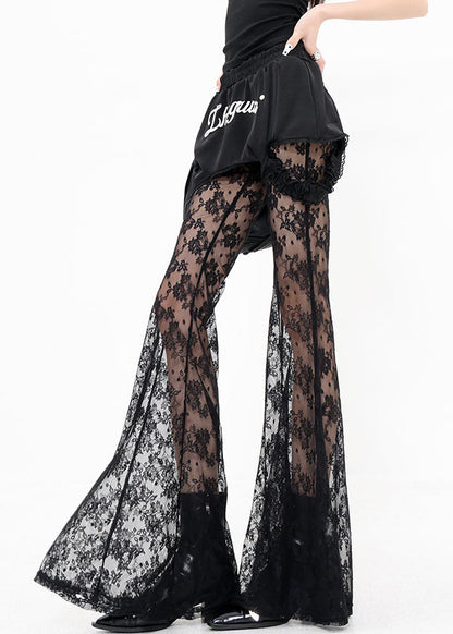Chic Black False Two Pieces Patchwork Lace Flared Trousers Summer
