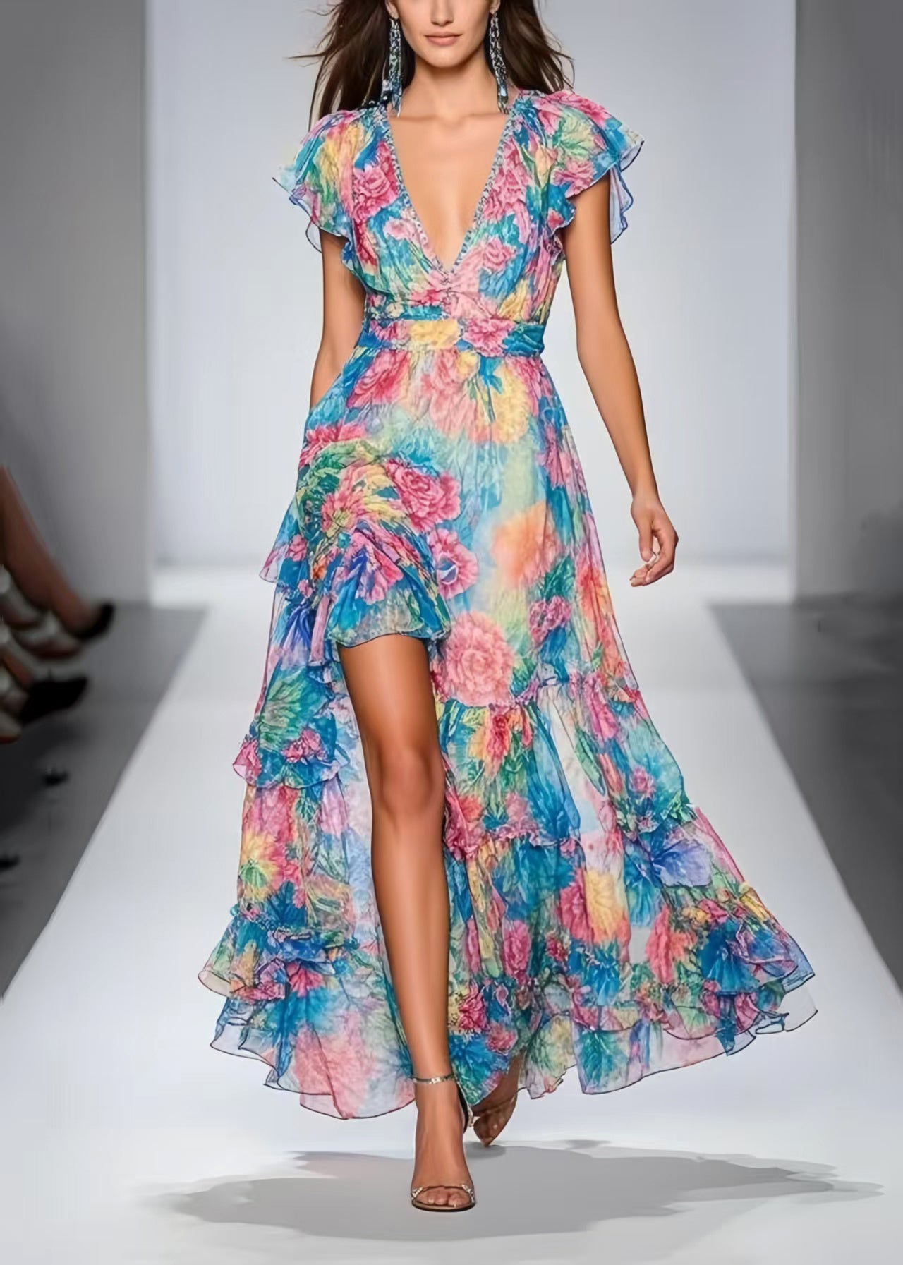Fashion Blue Floral Print Side Open Chiffon Maxi Dresses Summer