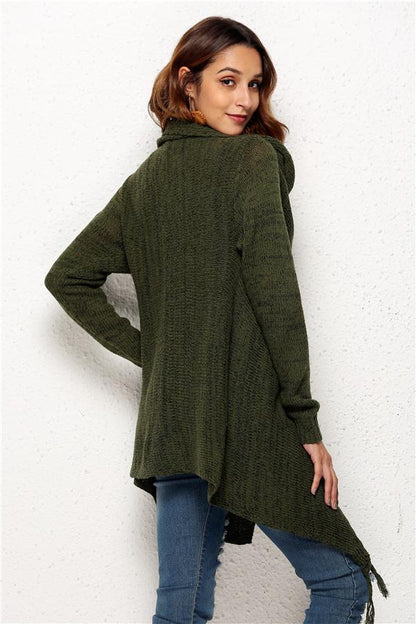 Tassel Asymmetrical Hem Shawl Speckled Fringe Cardigan - Green