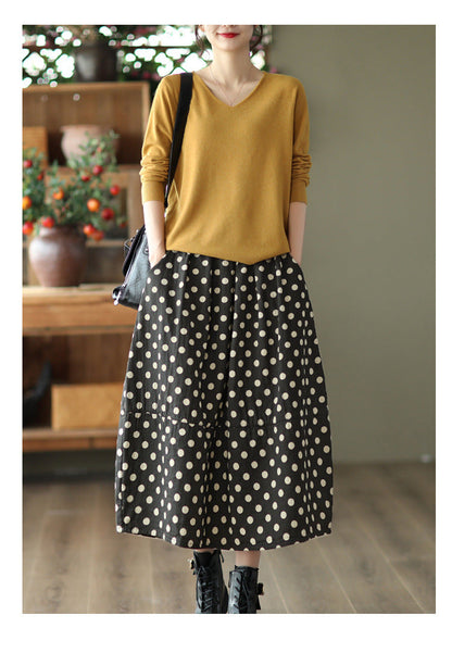 Vintage Printed Cotton And Linen Slim Elastic Waist A-Line Skirt