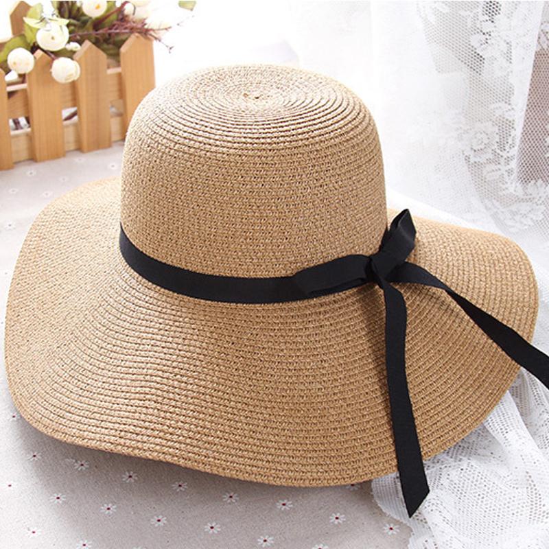 Women Summer Casual Solid Straw Hat With Bow-knot