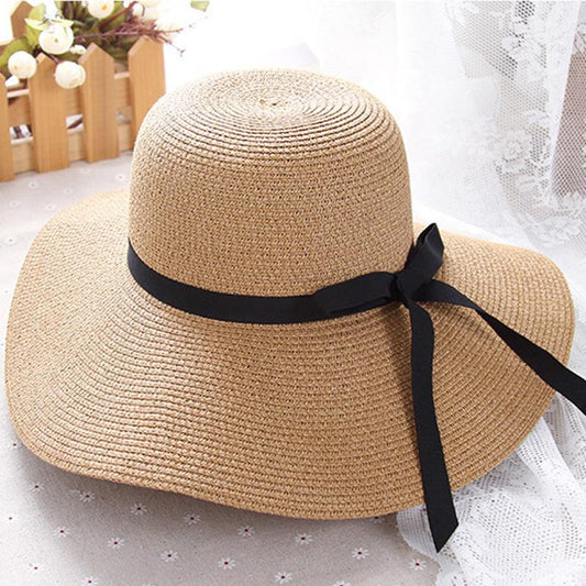 Women Summer Casual Solid Straw Hat With Bow-knot