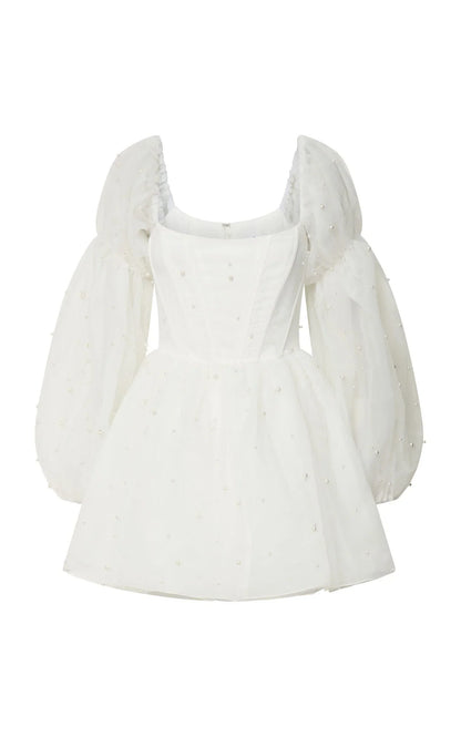 Ingrid Mini Dress - Long Puff Sleeve Pearl Detail Dress In White