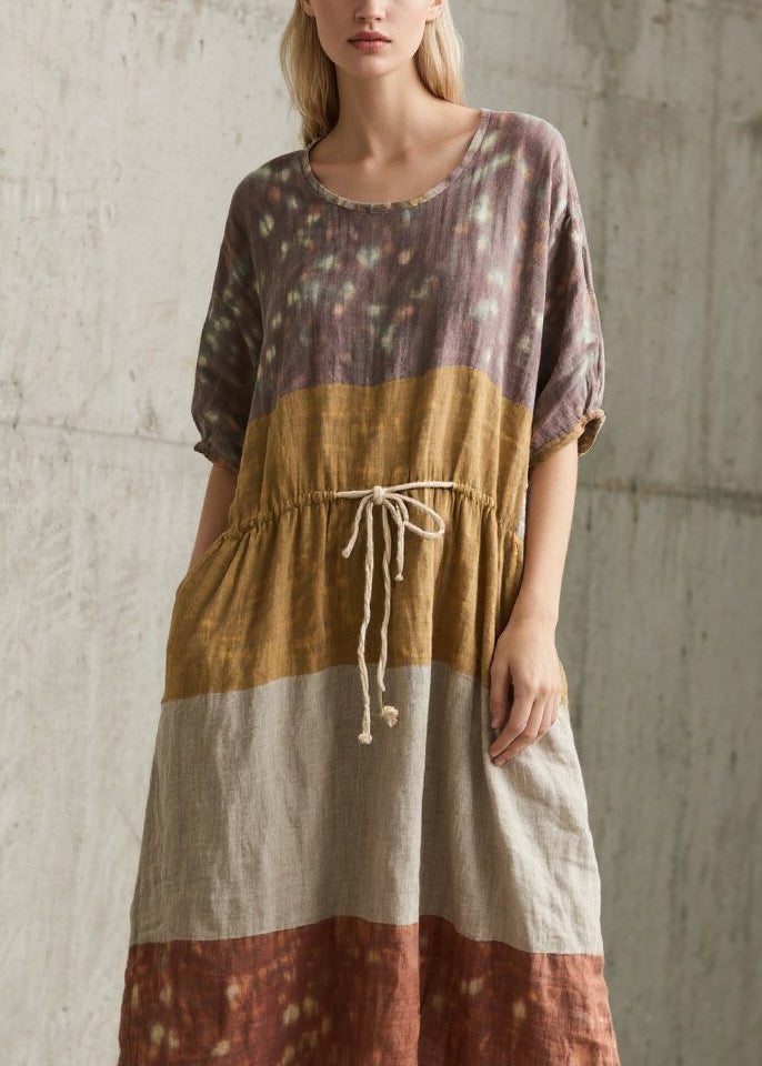 Plus Size Colorblock O Neck Lace Up Cotton Long Dress Summer